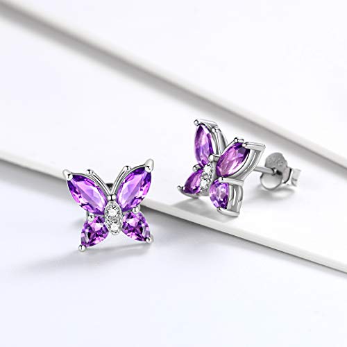 Butterfly Birthstone Stud Earrings - Women 925 Sterling Silver Butterflies Birthstone Stud Earrings Birthday Gift for Women - color: B.February