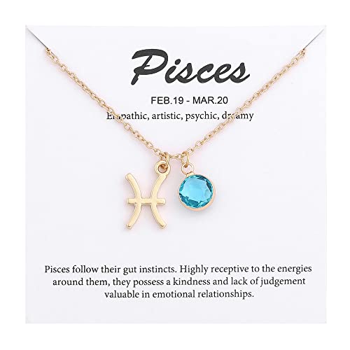 14k Gold Plated Zodiac Birthstone Crystal Pendant Necklace, Horoscope Sign Charm Necklace for Women Birthday Gift - color: Pisces-Mar.