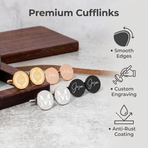 Personalized Engraved Round Stainless Steel Cufflinks for Men, Custom Initials Names Dates Cuff Links, Wedding Gifts for Groom, Groomsmen, Bride & Groom Fathers, Unique Present for Husband Boyfriend Birthday Anniversary