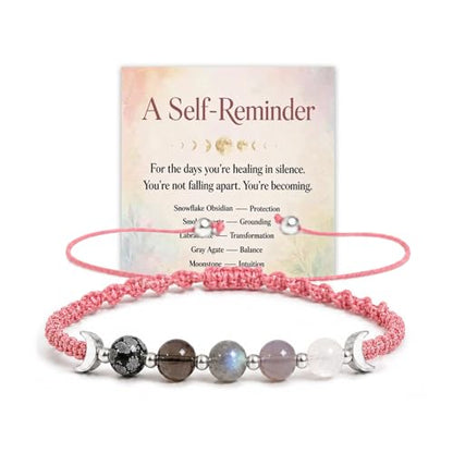 Moon Phases Crystal Healing Bracelet for Women, Adjustable Natural Stone Beaded Bracelet, Anxiety Stress Relief Self-Reminder Spiritual Jewelry, Spiritual Meditation Gift - color: Pink