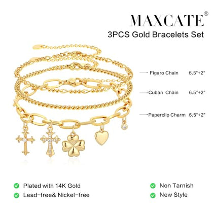 3PCS Charm Gold Bracelets for Women Non Tarnish,14k Plated Gold Bracelet Stack Cute Dainty Stackable Trendy Bow Cross Clover Bracelets Set Tarnish Free Gold Jewelry for Women Gifts - color: Cross-Gold