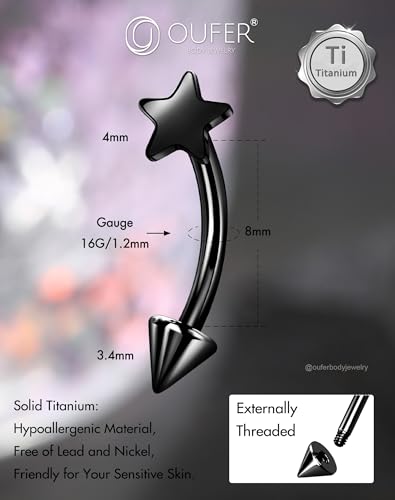 OUFER Rook Piercing Jewelry, G23 Solid Titanium Eyebrow Rings, Heart Vertical Labret Lip Jewelry, 16G Curved Barbells, Daith Rook Earrings for Women Men - color: Black Star, size: 16G 8mm