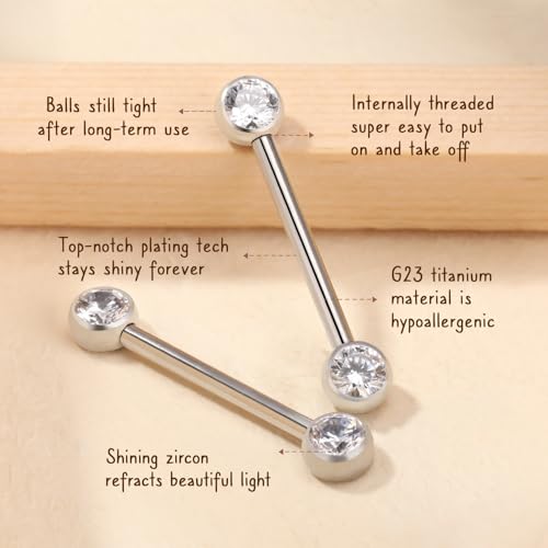 AROWRO Nipple Piercing Jewelry Nipple Rings Titanium Nipple Rings Implant Grade Hypoallergenic 14G Internally Threaded Straight Barbells with Cubic Zirconia Opal Gold Silver Rose Gold Black 12mm 14mm 16mm 18mm 20mm - color: Silver+Clear CZ