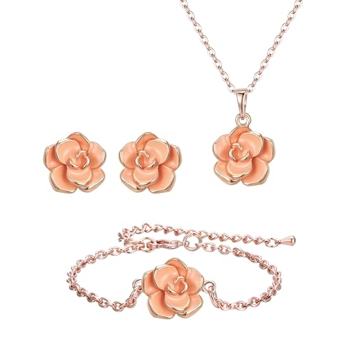 EleQueen Rose Flower Necklace Earrings Bracelet Set for Women - color: Orange-Rose Gold