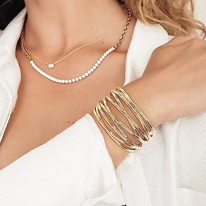 Gold Cuff Bracelet for Women Chunky Multi-layer Cross Wire Open Bracelet Hollow Wide Cuff Bracelets Adjustable Gold Open Cuff Bangle Bracelet - color: Wide Wire Gold Bracelet