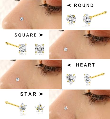 SEEDRILL 8Pcs 20G Nose Rings studs for Woman Hypoallergenic Nose Studs 316L Surgical Steel with Gold Plated Nose Piercings Jewelry 3mm CZ L Shape Nose Rings 20 Gauge Nose Stud Nose Screw Studs - style: 8Pcs/18G/3mm CZ/Straight Bar/Gold-Plated