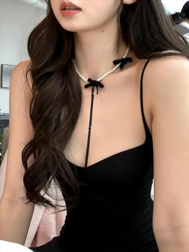 Black Pearl Bow Choker Necklace, Vintage Ribbon Beaded Collarbone Chain for Women, Party Birthday Jewelry
