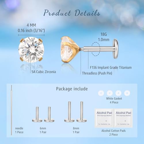 limerencia G23 Hypoallergenic 18g Flat Back Stud Earrings | F136 Implant Grade Titanium Pressfit Threadless Push Pop in Cartilage Helix Labret Lip Monroe Tragus Flat Back Piercing Studs - color: 4mm White CZ Gold