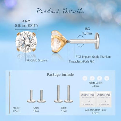 limerencia G23 Hypoallergenic 18g Flat Back Stud Earrings | F136 Implant Grade Titanium Pressfit Threadless Push Pop in Cartilage Helix Labret Lip Monroe Tragus Flat Back Piercing Studs - color: 4mm White CZ Gold