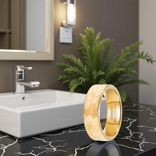 SX.man&sog Tungsten Carbide Rings for Men or Women,Stereoscopic Polygon Wedding Band for Men and Women Exchanging to Witness Each other's Loyal Love - color: Gold & Hammered - 6mm