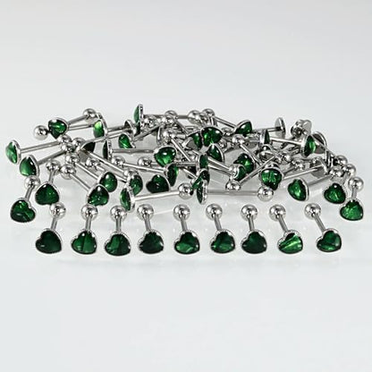 14G Green Aurora Heart Tongue Rings for Women Glitter 316L Stainless Steel Tongue Studs Barbell Cartilage Earrings Statement Body Piercing Jewelry