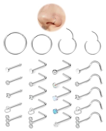 Hoeudjo Hinged Nose Rings Hoop Surgical Steel Cubic Zirconia Nose Studs Kit for Women Men Tiny Nose Stud Screw & Bone & L Shaped Nostril Rings Piercing Jewelry 20-18 Gauge 24 Pieces - color: 20g
