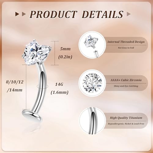 NICEIGHT 14G F136 Pure Titanium Floating Belly Button Rings for Women Petite Flat Back CZ Belly Rings Opal Barbell Heart Curved Navel Ring Internally Threaded Belly Piercing Jewelry 8/10/12/14mm - color: Silver-Heart CZ, size: 12mm (Slightly Longer)
