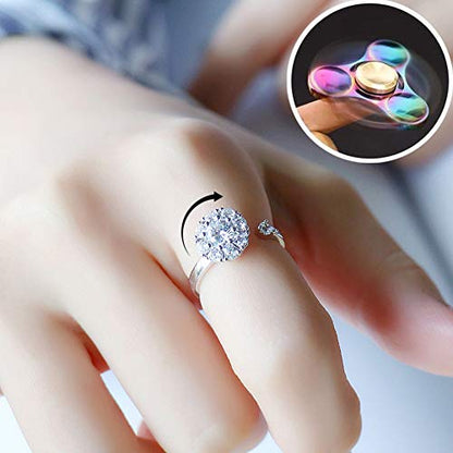 Fidget Rings for Anxiety, Womens Focus Spinner Ring, Discreet Boredom Relieving Ring Stacking Finger Promise Engagement Gift - color: Silver Band + Rose Band