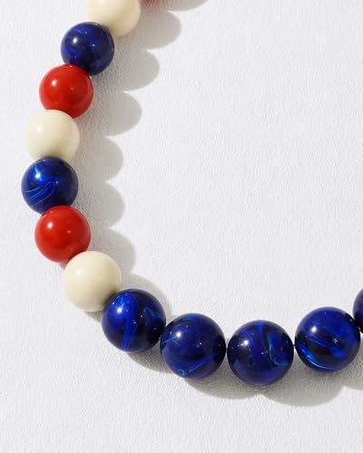 Chunky Beaded Choker Necklace for Women Boho Statement Necklace with Large Pearl Blue Brown Tone Resin Beads Summer Beach Jewelry Gifts - color: Red White Navy