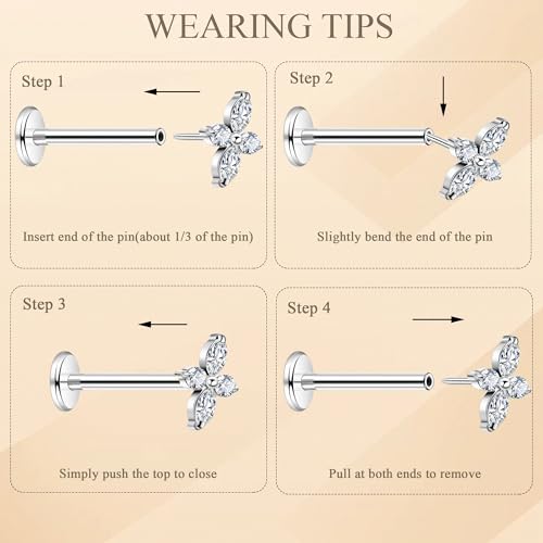 NICEIGHT 2Pcs 16G 18G F136 Titanium Threadless Cartilage Earrings Stud for Women Flat Back Push in Helix Tragus Labret Monroe Stud Hypoallergenic Flower Conch Lobe Stud Piercing Jewelry 6/8MM - color: Silver, size: 18G