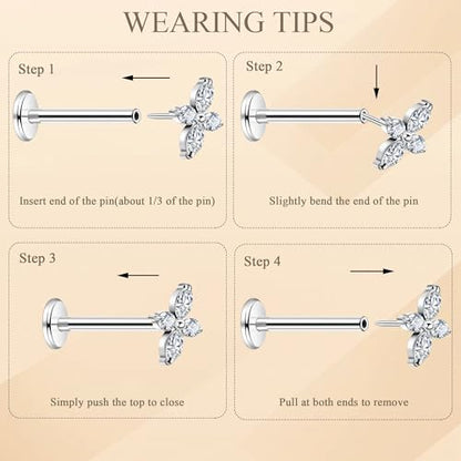 NICEIGHT 2Pcs 16G 18G F136 Titanium Threadless Cartilage Earrings Stud for Women Flat Back Push in Helix Tragus Labret Monroe Stud Hypoallergenic Flower Conch Lobe Stud Piercing Jewelry 6/8MM - color: Silver, size: 18G