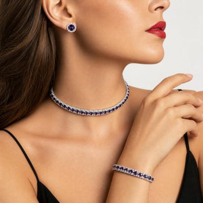 Women Rhinestone Crystal Jewelry Set Crystal Tennis Design Rhinestone Choker Necklace Link Bracelet Teardrop Earrings Set Wedding Bridal Bridesmaids Party - color: Silver Plated Purple Crystal