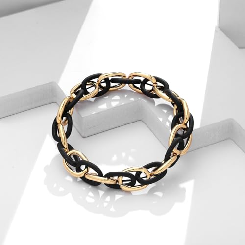 WOWORAMA Chunky Chain Bracelet for Women, Gold/Silver | Adjustable Elastic Stretch Bracelet, Thick Chunky Link Bracelet, Statement Jewelry - color: Black and Gold