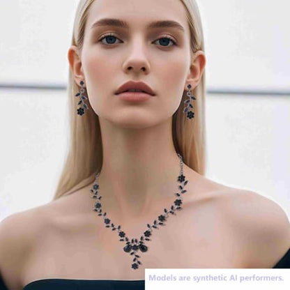 Kamirola Women's Wedding Jewelry Leaf Cluster Flower Crystal Dangle Earrings Pendant Necklace Set for BridalCrystal Bridal Jewelry Set - color: Black