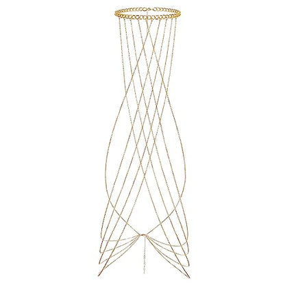 Harness Body Chain Sexy Layered Tassel Belly Waist Chain Necklace Boho Hot Bikini Nightclub Party Beach Body Jewelry for Women and Ladies Gold Tone - style: A:Cross