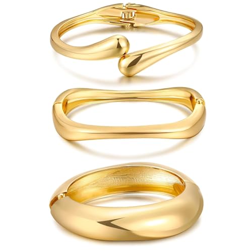 IFKM Gold Chain Bracelets Set for Women, 14K Gold Plated Multiple Layered Stackable Open Cuff Bangle Bracelet Anklet Bracelets Adjustable Link Tennis Beads Italian Cuban Jewelry for Women Gift - style: 3pcs Chunky Gold 1