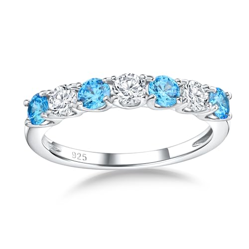 Birthstone Wedding Band Eternity Rings 925 Sterling Silver Rings Stackable Anniversary Engagement Rings Cubic Zirconia Inlaid Created Garnet/Amethyst/Sapphire Ring 7 Stone Ring, Size 6 to 10 - color: Blue Topaz & 5A CZ