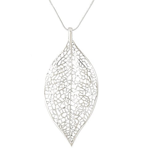 NLCAC Filigree Leaf Pedant Necklace Snake Chain Gorgeous Hollow Leaf Necklace for Women - color: Silver Tone
