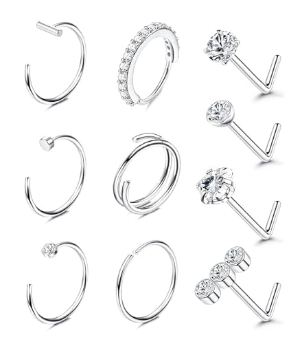 Besteel Nose Rings for Women 14K Gold Filled Hypoallergenic Nose Stud Hoops | 20G 316L Surgical Stainless Steel Double Nose Ring Cute Round CZ Heart L Shaped Nose Stud Dainty Nostril Piercing Jewelry - color: steel color