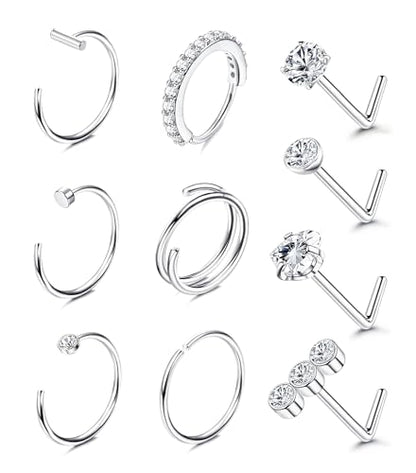 Besteel Nose Rings for Women 14K Gold Filled Hypoallergenic Nose Stud Hoops | 20G 316L Surgical Stainless Steel Double Nose Ring Cute Round CZ Heart L Shaped Nose Stud Dainty Nostril Piercing Jewelry - color: steel color