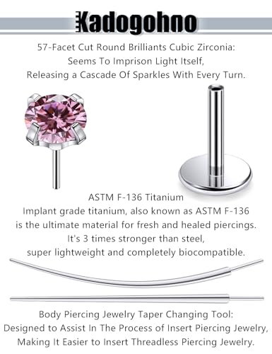 F136 Titanium 20/18/16g Internally Threaded Medusa Monroe Lip Ashley Labret Nose Rings Flat Back Tragus Helix Cartilage Conch Screw Stud Earrings Surgical Steel Piercing Jewelry for Women - color: Pink CZ, size: 18g*1/4in