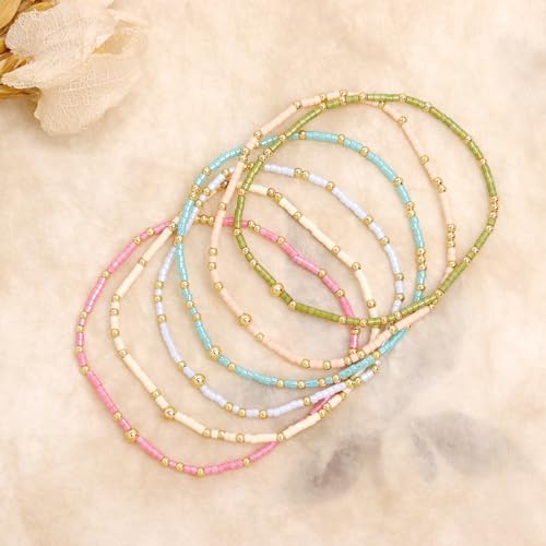Gold Seed Beaded Bracelets Set for Women, Boho Handmade Friendship Stretch Summer Beach Jewelry Gift. - color: 2001F