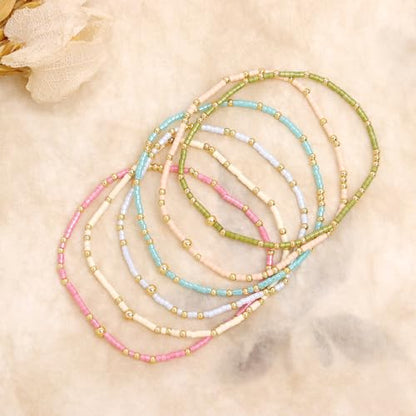 Gold Seed Beaded Bracelets Set for Women, Boho Handmade Friendship Stretch Summer Beach Jewelry Gift. - color: 2001F