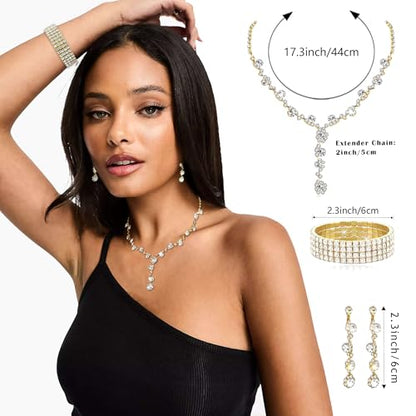 MEDOJO 10Pcs Silvery Rhinestone Jewelry Set for Women Bride Wedding Prom Jewelry Evening Rhinestone Sparkly Clutch Purse Bag Necklace Tennise Layered Bracelets CZ Ring Crystal Drop Earring Set Silvery Shiny Costume Kit - color: Golden