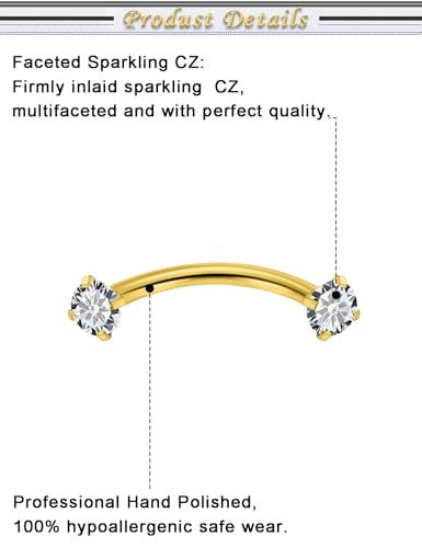 16G Eyebrow Piercing Jewelry Surgical Steel Cubic Zirconia Internally Threaded Vertical Labret Lip Jewelry Curved Barbell Tiny Eyebrow Rings Ear Rook Small Belly Button Ring for Women Men - color: goldtone,bar length:8mm