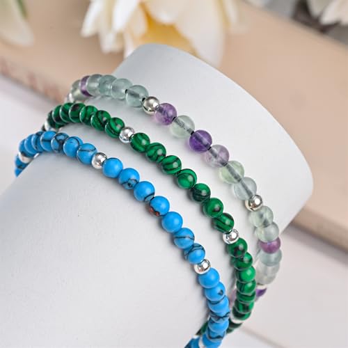 Natural Stone&925 Sterling Silver/18K Gold Anklet,│4MM│9-12 in│, Hand Woven, Adjustable Size - color: Malachite,4MM