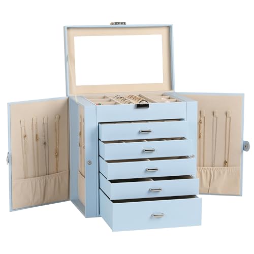 Frebeauty 6-Layer Jewelry Box for Women,Large Jewelry Organizer with Drawer | Faux Leather,Built-in Mirror,Spacious Jewelry Storage,16 Necklace Hooks,Organizing by Category for Rings Earrings Bracelet - color: Sky Blue, size: Large