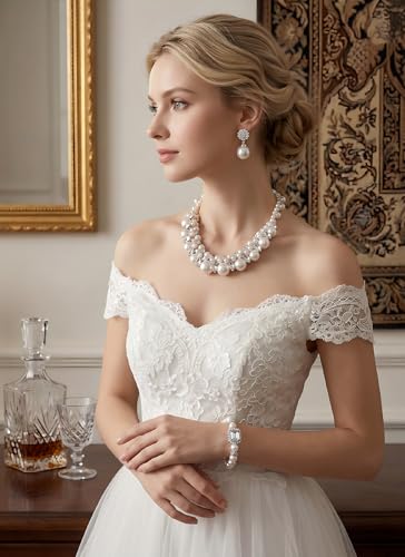 Pearl Necklace Set - Faux Pearl Earrings and Bracelets Jewelry Set for Women Wedding Bridal Shower Tea Party Accessories - style: 3pcs-silver