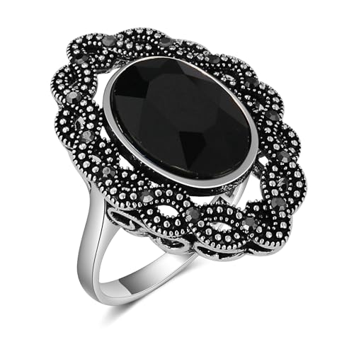 Mytys Retro Vintage Cocktail Statement Ring Black Marcasite & Crystal Rings for Women Antique Silver Big Black Onyx Stone Ring - color: Silver 15