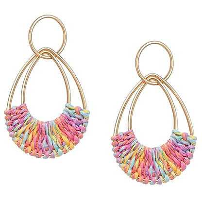 Raffia Hoop Earrings for Women Fun Boho Summer Beach Earrings Lightweight Handmade Straw Wicker Rattan Dangle Earrings Statement Geometric Round Drop Earrings - color: Colorful - Teardrop