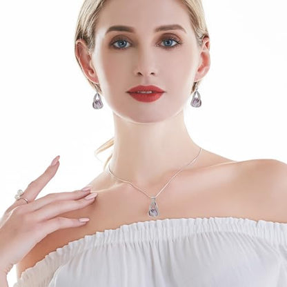 Pearl Jewelry Set For Women S925 Sterling Silver/14K Gold Plated Necklace & Earrings Set Freshwater Pearl Pendant Cage Set for Wedding Anniversary Prom Birthday Gift - color: Silvery-Purple