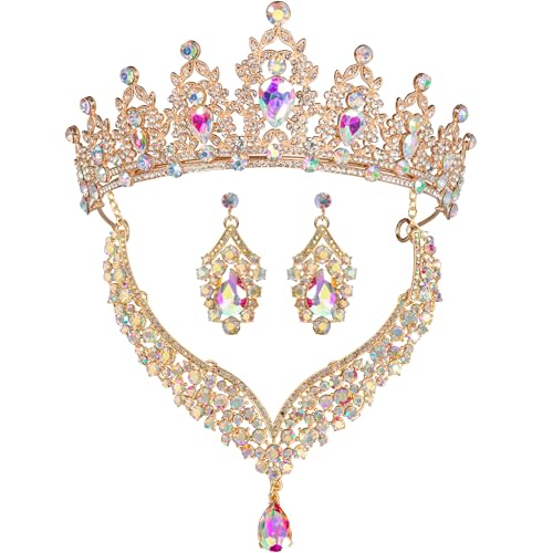 Crowns and Tiaras jewelry sets for Wedding princess birthday party Halloween Prom Pageant Jewelry for Women Crystal Bridal Jewelry Set for women - color: Gold AB