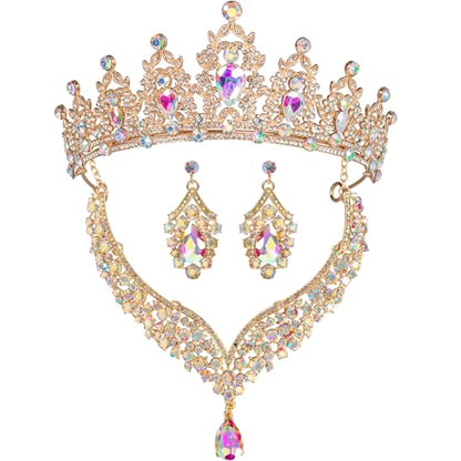 Crowns and Tiaras jewelry sets for Wedding princess birthday party Halloween Prom Pageant Jewelry for Women Crystal Bridal Jewelry Set for women - color: Gold AB