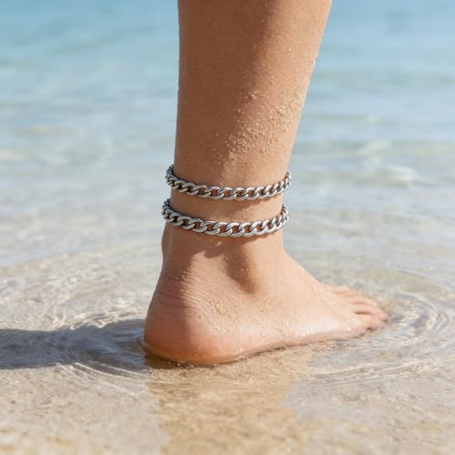 2PCS Ankle Bracelets for Women - Gold/Silver Plated Stainless Steel Anklets Set - Waterproof Layered Cuban Link Chain Anklet Bracelet Summer Beach Foot Jewelry Gifts for Women - color: Style 1-Silver