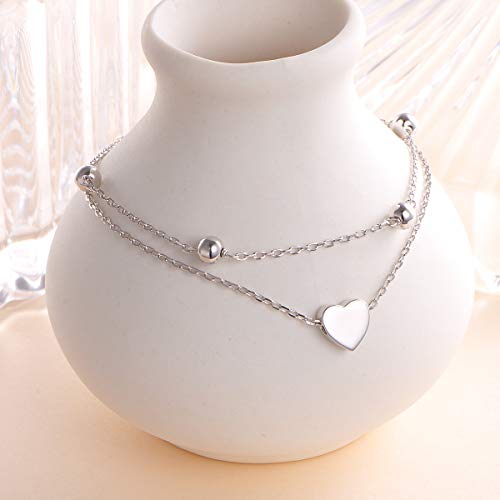 Flyow Anklet for Women S925 Sterling Silver Adjustable Foot Beaded Heart Charm Ankle Bracelet Anklets Jewelry - style: heart charm 11+1
