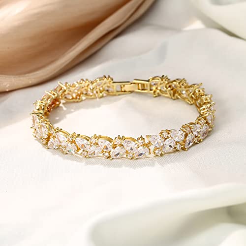 Crysdue Marquise Teardrop Cubic Zirconia Wedding Bridal & Prom Tennis Bracelets for Brides Bridesmaids, Silver/Gold/Rose Gold Plated Bracelet Gifts for Women - style: A_Gold Tone 7.5"
