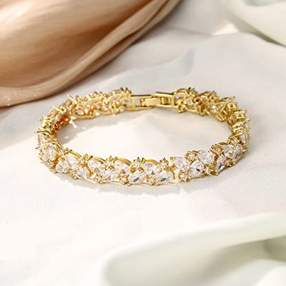 Crysdue Marquise Teardrop Cubic Zirconia Wedding Bridal & Prom Tennis Bracelets for Brides Bridesmaids, Silver/Gold/Rose Gold Plated Bracelet Gifts for Women - style: A_Gold Tone 7.5"