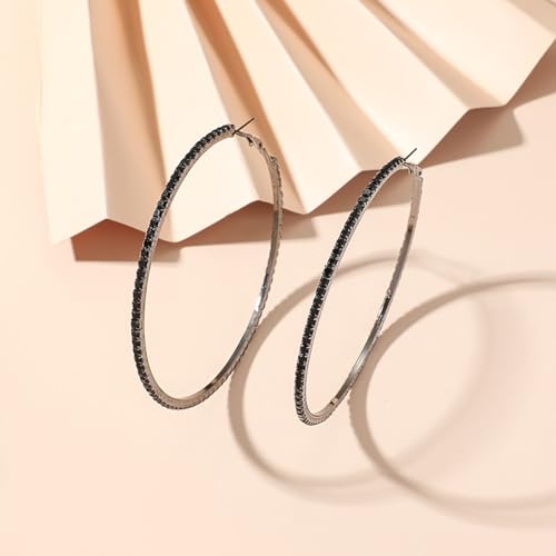 80mm Rhinestone Hoop Earrings for Women Sparkly Earrings Cubic Zirconia Circle Earring Exaggerated Prom Earring Large Rhinestones Round Hoop Earrings Silver Prom Jewelry for Party Wedding Birthday - color: Black