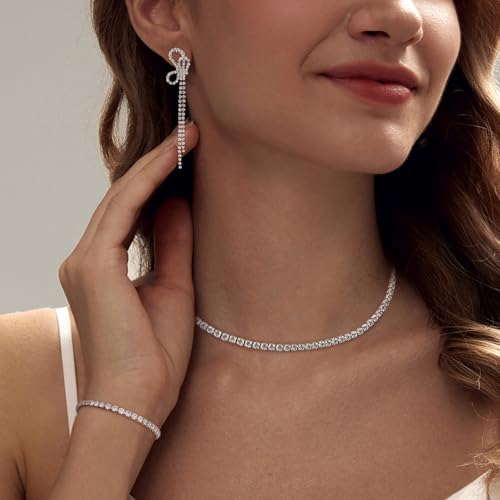 HAXIYA Tennis Necklace Bracelet for Women, Sterling Sliver Jewelry Set, Silver/Gold Chocker Necklace, Crystal Bracelet for Women, Wedding Jewelry for Bride, Sparkly Party Prom Hypoallergenic - color: Butterfly Set of 3 - Silver