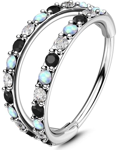 OUFER 20G Nose Rings for Women, 316L Surgical Steel Double Hoop Nose Piercing Jewelry, Opal and CZ Septum Lip Eyebrow Cartilage Conch Rook Helix Tragus Daith Earrings Piercing Jewelry-6/7/8MM - color: Black CZ